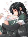  1girl arms_under_breasts bangs black_eyes black_gloves black_hair breast_hold breast_pillow breasts chikuma_(kantai_collection) cleavage crossed_arms elbow_gloves gloves highres kantai_collection large_breasts long_hair open_mouth remodel_(kantai_collection) simple_background single_elbow_glove single_glove sleepy solo_focus takase_muu twitter_username waking_up white_background 