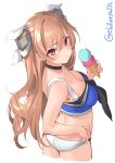  1girl absurdres bikini blue_bikini blush breasts brown_eyes cleavage cropped_legs ebifurya enty_reward eyebrows_visible_through_hair food hair_between_eyes highres holding holding_food ice_cream johnston_(kantai_collection) kantai_collection light_brown_hair long_hair looking_at_viewer looking_back medium_breasts paid_reward parted_lips simple_background solo swimsuit twitter_username two_side_up white_background 
