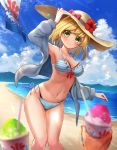  1girl 1other beach bikini blonde_hair blue_sky blurry breasts cleavage clip_studio_paint_(medium) cloud commentary_request day depth_of_field feet_out_of_frame frilled_bikini frills green_eyes grey_jacket hat highres jacket knees_together kooribata layered_bikini leaning_forward looking_at_viewer open_clothes open_jacket original outdoors pov shaved_ice short_hair side-tie_bikini sky striped striped_bikini sue_(frederica--bernkastel) sun_hat swimsuit 