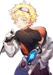  1boy absurdres black_shirt blonde_hair blue_eyes cowboy_shot fate/grand_order fate/requiem fate_(series) gloves goggles goggles_on_head highres male_focus off_shoulder shirt simple_background solo sora_(zwz030) spacesuit voyager_(fate/requiem) white_background white_gloves 