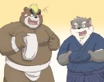  2020 anthro ashigara blush brown_body brown_fur canid canine canis cute_fangs domestic_dog duo fur hi_res hon55728 kemono male mammal moritaka overweight overweight_male scar simple_background sumo tokyo_afterschool_summoners ursid video_games 