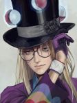  blonde_hair blue_eyes eyelashes glasses gloves grey_background hand_on_headwear hat highres long_hair meron_nouka poke_ball pokemon pokemon_(game) pokemon_swsh round_eyewear savory_(pokemon) simple_background single_glove smile top_hat upper_body 