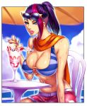  1girl blue_eyes breasts cleavage eyewear_on_head fiora_laurent food ice_cream large_breasts league_of_legends lipstick makeup multicolored_hair nose o-ring o-ring_top pink_hair pink_lips ponytail pool_party_(league_of_legends) pool_party_fiora purple_hair sawao scarf shorts sitting solo spoon streaked_hair sundae sunglasses sweat two-tone_hair undercut 
