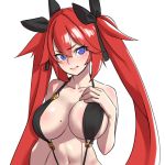  beeeeen_213 black_swimsuit blue_eyes blush breasts hair_between_eyes hair_ribbon large_breasts last_origin may_of_doom mole mole_on_breast red_hair ribbon simple_background slingshot_swimsuit swimsuit twintails white_background 