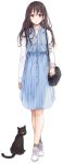  1girl absurdres bag black_cat blue_dress blush brown_hair cat dress earrings expressionless eyebrows_visible_through_hair floral_print handbag highres jewelry long_hair looking_at_viewer original red_eyes saya_(mychristian2) shoes socks solo white_background white_footwear 