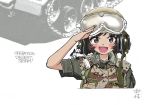  1girl :d akiyama_yukari alternate_costume artist_name bangs brown_eyes brown_hair brown_jacket camouflage commentary_request cropped_torso english_text girls_und_panzer goggles goggles_on_headwear grey_headwear headset jacket looking_at_viewer military military_uniform nakamura_3sou name_tag one_eye_closed open_mouth operation_desert_storm salute short_hair short_sleeves signature smile solo tank_helmet uniform united_states_marine_corps white_background 