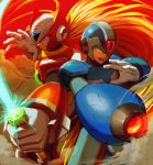  2boys absurdres android arm_cannon blonde_hair blue_eyes capcom closed_mouth energy_blade energy_sword green_eyes helmet highres holding holding_sword holding_weapon huge_filesize male_focus mitsunagami multiple_boys open_mouth rockman rockman_x smoke sword weapon x_(rockman) zero_(rockman) 
