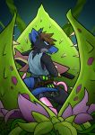  anthro black_body black_fur blue_body blue_ears blue_fur blue_tail butt captainzepto clothed clothing elemental_creature flora_fauna fur genitals hair hi_res holding_object male mammal murid murine penis plant plantera rat rodent terraria topwear 