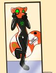  absurd_res ailurid anthro biohazard_symbol bulge clothing drone gas_mask green_eyes hand_on_face happy hi_res immelmann male mammal mask mirror red_panda rubber rubber_suit solo symbol 