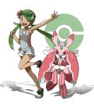  1girl :d arm_up armpits bangs clenched_hand collarbone commentary_request flower gen_7_pokemon green_eyes green_footwear green_hair hair_flower hair_ornament highres long_hair looking_at_viewer lurantis mao_(pokemon) open_mouth poke_ball_symbol pokemon pokemon_(creature) pokemon_(game) pokemon_sm shoes smile spread_fingers standing standing_on_one_leg swept_bangs teeth teru_zeta tongue trial_captain twintails upper_teeth white_background 