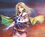  1girl bangs belt blonde_hair blue_sky breasts cape celina_(fire_emblem) cloud cloudy_sky commentary cowboy_shot dress earrings elbow_gloves electricity eyebrows_visible_through_hair fire_emblem fire_emblem:_the_sacred_stones gloves green_cape green_eyes highres jewelry looking_at_viewer magic medium_breasts medium_hair mintes orange_sky outdoors parted_bangs parted_lips purple_vest sky solo vest white_dress white_gloves wind 
