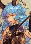  1girl 2020 animal_ears black_gloves blue_collar blue_hair breasts bunny_ears collar earrings ferry_(granblue_fantasy) frilled_collar frilled_gloves frills gloves gold_trim granblue_fantasy hand_up hankuri holding_whip hoop_earrings jewelry large_breasts long_hair looking_at_viewer open_mouth sideboob single_earring sleeveless solo upper_body wavy_hair yellow_background yellow_eyes 
