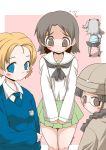  3girls 4girls bangs black_footwear black_hair black_legwear black_neckwear black_ribbon blouse blue_eyes blue_neckwear blue_shirt blue_sweater blush_stickers boko_(girls_und_panzer) braid brown_eyes brown_hair brown_jacket chi-hatan_military_uniform closed_mouth commentary dress_shirt emblem eyebrows_visible_through_hat facing_away flying_sweatdrops frown fukuda_(girls_und_panzer) girls_und_panzer glasses green_skirt grey_skirt hair_ribbon helmet holding holding_stuffed_animal jacket keizoku_school_uniform long_hair long_sleeves looking_at_viewer looking_back military military_uniform miniskirt multiple_girls neckerchief necktie one_side_up ooarai_school_uniform orange_hair orange_pekoe_(girls_und_panzer) outside_border pantyhose parted_bangs pink_background pleated_skirt ribbon round_eyewear sailor_collar sawa_azusa school_uniform serafuku shadow shimada_arisu shirt shoes short_hair skirt smile st._gloriana&#039;s_(emblem) st._gloriana&#039;s_school_uniform standing striped striped_leotard striped_shirt stuffed_animal stuffed_toy sweatdrop sweater tied_hair twitter_username uniform v-neck v_arms vertical-striped_shirt vertical_stripes white_blouse white_sailor_collar white_shirt wing_collar zannen_na_hito 