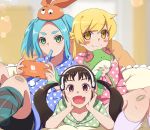  3girls absurdres aqua_hair black_hair black_neckwear blonde_hair blush blush_stickers bow drawdream1025 eyebrows_visible_through_hair fang green_eyes hachikuji_mayoi hairband hat highres looking_at_viewer monogatari_(series) multiple_girls ononoki_yotsugi open_mouth oshino_shinobu red_eyes ribbon short_eyebrows short_sleeves sidelocks skin_fang smile striped striped_legwear twintails yellow_eyes 