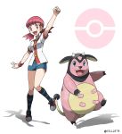  1girl :d akane_(pokemon) arm_up artist_name bangs blue_shorts breasts buttons commentary_request eyelashes full_body gen_2_pokemon gym_leader hair_ornament hairclip highres knees miltank open_mouth pink_eyes pink_hair poke_ball_symbol pokemon pokemon_(creature) pokemon_(game) pokemon_hgss shoes shorts smile socks striped striped_legwear teru_zeta tongue twintails watermark white_background wristband 