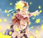  2boys brown_hair carrying closed_eyes father_and_son happy headband itou_(hgrk310) jewelry kratos_aurion lloyd_irving male_focus multiple_boys necklace pendant sitting_on_shoulder smile star_(symbol) tales_of_(series) tales_of_symphonia younger 
