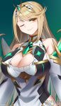  1girl ;) armpit_crease bangs bare_shoulders blonde_hair breasts chocojax cleavage_cutout collarbone commentary commission english_commentary eyebrows_visible_through_hair green_background green_earrings hair_ornament highres hikari_(xenoblade_2) large_breasts long_hair one_eye_closed sidelocks simple_background smile swept_bangs upper_body xenoblade_(series) xenoblade_2 yellow_eyes 