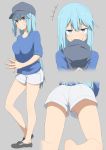  1girl alternate_costume aqua_(konosuba) bare_legs blue_eyes blue_hair breasts cabbie_hat commentary contemporary fingers_together grin hat hat_removed headwear_removed kono_subarashii_sekai_ni_shukufuku_wo! large_breasts long_hair no_panties salpin shirt short_shorts shorts simple_background smile smirk t-shirt upshorts very_long_hair 