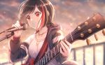  1girl bang_dream! bangs black_hair black_jacket blurry blurry_background blush bob_cut breasts clenched_teeth cloud cloudy_sky collarbone commentary electric_guitar glint gohan_(lupina1023) gradient_sky guitar highres holding holding_instrument holding_microphone holding_plectrum hood hood_down hooded_jacket instrument jacket jewelry lens_flare light_particles lightning_bolt_necklace long_sleeves looking_to_the_side medium_breasts microphone microphone_stand mitake_ran multicolored_hair necklace off-shoulder_jacket open_clothes open_jacket orange_sky plectrum railing red_eyes red_hair shirt short_hair sidelocks sky solo standing streaked_hair sweat t-shirt teeth tied_hair twilight upper_body white_shirt 