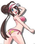  1girl absurdres ass bikini blue_eyes blush breasts brown_hair double_bun hat highres large_breasts long_hair mattc-art mei_(pokemon) open_mouth pokemon pokemon_(game) pokemon_bw2 pokemon_masters simple_background swimsuit twintails visor_cap 