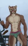  abs absurd_res anthro balcony biceps bottomwear brown_body brown_eyes brown_fur bulge clothed clothing cougar felid feline fire_escape fur hi_res looking_at_viewer male mammal momamo muscular outside pantherine skimpy solo standing 