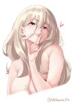  1girl absurdres blonde_hair breasts collarbone ebifurya finger_in_mouth hair_between_eyes heart highres index_finger_raised kantai_collection lips long_hair looking_at_viewer mole mole_on_breast mole_under_eye mole_under_mouth nude parted_lips red_lips richelieu_(kantai_collection) solo spoken_heart upper_body yellow_eyes 