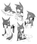  1girl absurdres animal_ear_fluff animal_ears azur_lane bangs bare_shoulders black_hair blush breasts comb combing dalian_(1457091741) eating eyebrows_visible_through_hair fox_ears hair_ornament highres long_hair looking_at_viewer monochrome nagato_(azur_lane) open_mouth smile very_long_hair 