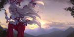  1girl absurdres arm_on_knee arm_up cigarette cloud commentary_request feet_out_of_frame flaming_hand floating_hair from_side fujiwara_no_mokou hair_ribbon highres knee_up leaning_forward long_hair long_sleeves looking_to_the_side mahimaru mountainous_horizon mouth_hold ofuda outdoors pants profile purple_sky red_eyes red_pants ribbon shirt silver_hair smoke smoking solo standing suspenders touhou twilight very_long_hair white_shirt 