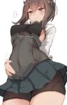  1girl 3girls arm_behind_back bike_shorts blush breasts brown_eyes brown_hair commentary_request covered_navel cowboy_shot fairy_(kantai_collection) from_below hands_on_own_stomach headband headgear kantai_collection long_sleeves multiple_girls short_hair small_breasts solo standing taihou_(kantai_collection) thighs utopia wavy_mouth 