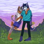 1:1 absurd_res anthro blue_body blue_fur canid canine canis clothed clothing detailed_background domestic_dog duo flower fur green_eyes grey_body grey_fur hi_res male male/male mammal multicolored_body noah_(kevintheradioguy) orange_body orange_fur plant seviene smile spots spotted_body teeth two_tone_body white_body white_fur wolf yellow_eyes 