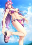  1girl abs absurdres adjusting_footwear alternate_costume bikini bracelet breasts cloud cloudy_sky fate/grand_order fate_(series) flower hair_flower hair_intakes hair_ornament hibiscus highres jewelry kuromu large_breasts leg_garter navel outdoors pink_bikini purple_bikini purple_hair red_eyes sandals scathach_(fate)_(all) scathach_(fate/grand_order) scathach_(swimsuit_assassin)_(fate) sky swimsuit 