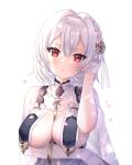  1girl azur_lane bangs blush braid breast_curtains breasts china_dress chinese_clothes closed_mouth dress flower gloves hair_between_eyes hair_ornament half_gloves large_breasts looking_at_viewer natsumii_chan neckwear_between_breasts pelvic_curtain petals red_eyes revealing_clothes short_hair sirius_(azur_lane) sirius_(azure_horizons)_(azur_lane) solo underboob white_gloves white_hair 