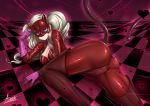 1girl adsouto behind-the-head_headphones blonde_hair blue_eyes bodysuit boots breasts cat_mask catsuit cleavage earrings full-length_zipper gloves headphones jewelry long_hair looking_at_viewer mask medium_breasts persona persona_5 pink_gloves red_bodysuit smile solo takamaki_anne thighhighs twintails whip zipper 