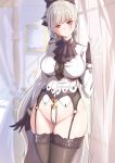  1girl azur_lane bangs black_gloves black_legwear breasts cameltoe commentary curtains earrings eyebrows_visible_through_hair formidable_(azur_lane) frills garter_belt garter_straps gloves groin hair_ribbon highres jewelry large_breasts long_hair looking_at_viewer parted_lips red_eyes ribbon shiroi_ume solo thighhighs very_long_hair 