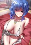  1girl arm_support azur_lane bangs bare_shoulders blue_hair blurry blurry_background blush breasts breasts_day cleavage closed_mouth collarbone commentary_request covered_nipples dress dutch_angle eyebrows_visible_through_hair fingernails highres indoors jaku_denpa jewelry large_breasts lips long_hair nail_polish navel necklace purple_eyes shiny shiny_hair shiny_skin simple_background sleeveless sleeveless_dress smile solo st._louis_(azur_lane) st._louis_(luxurious_wheels)_(azur_lane) stomach tied_hair 