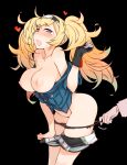  1girl :o black_background black_gloves blonde_hair blue_eyes blush breasts cleavage collarbone commentary_request gambier_bay_(kantai_collection) gloves heart kantai_collection kusanagi_tonbo large_breasts long_hair looking_at_viewer nipples open_mouth panties panty_pull short_shorts shorts shorts_pull simple_background sweat tears thighs twintails underwear 