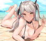  1girl :o absurdres ass azur_lane bangs bare_arms bare_shoulders barefoot bikini black_bikini black_ribbon blush breasts brown_eyes cleavage collarbone commentary_request crossed_ankles eyebrows_visible_through_hair feet_up flag_print german_flag_bikini hair_ribbon hair_twirling haneramu highres horizon large_breasts lens_flare light_rays long_hair looking_at_viewer lying multicolored_hair ocean on_stomach open_mouth prinz_eugen_(azur_lane) prinz_eugen_(unfading_smile)_(azur_lane) red_hair ribbon shallow_water silver_hair solo streaked_hair sunbeam sunlight swept_bangs swimsuit two_side_up very_long_hair water 