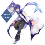  1boy artist_name belt blue_eyes blue_hair blue_nails blue_scarf brown_pants character_name coat commentary derivative_work full_body hana_(mew) hashtag headset highres kaito leg_up looking_at_viewer nail_polish open_mouth outstretched_arms pants projected_inset scarf smile solo standing vocaloid vocaloid_boxart_pose white_background white_coat white_footwear 