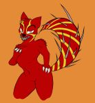  abstract_background animal_humanoid anthro axentooth bedroom_eyes blood bodily_fluids canid canid_humanoid canine canine_humanoid claws curvy_figure female flat_chested fox fox_humanoid fur hi_res humanoid mammal mammal_humanoid narrowed_eyes navel red_body red_fur sabrina_(axentooth) seductive smile solo spikes spiral_eyes striped_tail stripes teeth 