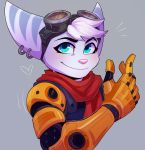  &lt;3 2020 absurd_res anthro blue_eyes clothed clothing ear_piercing ear_ring eyewear female fur goggles goggles_on_head grey_background grey_body grey_fur hi_res lombax mammal oodi_(artist) piercing pink_nose prosthetic prosthetic_arm prosthetic_limb ratchet_and_clank rift_apart_lombax simple_background smile solo video_games 