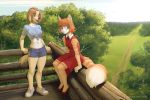  anthro bottomwear canid canine canis clothing deymos domestic_cat domestic_dog dress duo felid feline felis female forest iskra landscape mammal path shirt shorts sitting topwear tree wood 