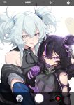  1other 2girls absurdres annoyed aqua_eyes aqua_hair camera_lens cellphone cellphone_camera cheek_poking clenched_teeth double_bun girls_frontline grabbing heart heart-shaped_pupils highres kac-pdw_(girls_frontline) multicolored_hair multiple_girls pa-15_(girls_frontline) phone poking purple_eyes purple_hair see-through shanyao_jiang_tororo simple_background symbol-shaped_pupils taking_picture teeth two-tone_hair two_side_up 