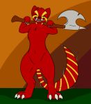  ambiguous_gender anthro axe axentooth biped canid canine claws featureless_crotch feral flat_chested fox fur mammal melee_weapon navel nude red_body red_fur sabrina_(axentooth) smile solo spikes striped_tail stripes teeth weapon 