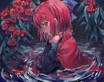  1girl black_shirt blue_bow bow cape cloak earrings flower hair_bow highres jewelry long_sleeves looking_to_the_side misha_(hoongju) open_mouth partially_submerged red_cloak red_eyes red_flower red_hair ripples sekibanki shirt short_hair strangling touhou water water_drop wet 