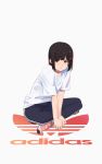  1girl :t adidas bangs black_hair black_pants blush bow closed_mouth company_name eyebrows_visible_through_hair full_body hair_bow hibike!_euphonium highres hisaishi_kanade kamo_kamen leaning_forward pants pink_footwear pout red_bow red_eyes shirt short_hair short_sleeves sitting solo track_pants v-shaped_eyebrows white_shirt 