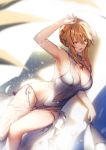  1girl artoria_pendragon_(all) artoria_pendragon_(swimsuit_ruler)_(fate) bangs bare_shoulders blonde_hair braid breasts cleavage cleavage_cutout fate/grand_order fate_(series) french_braid genyaky green_eyes hair_between_eyes highleg highleg_swimsuit highres large_breasts long_hair looking_at_viewer one-piece_swimsuit open_mouth sidelocks swimsuit white_swimsuit 