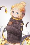  1girl abigail_williams_(fate/grand_order) absurdres artist_request bandaid_on_forehead bangs black_bow black_jacket blonde_hair blue_eyes blush bow breasts closed_mouth crossed_bandaids fate/grand_order fate_(series) forehead hair_bow hair_bun heroic_spirit_traveling_outfit high_collar highres jacket long_hair long_sleeves looking_at_viewer multiple_bows orange_belt orange_bow parted_bangs polka_dot polka_dot_bow pout puffy_cheeks sleeves_past_fingers sleeves_past_wrists small_breasts tentacles 