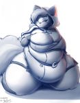  2020 anthro azure_(nekocrispy) belly belly_overhang belt big_belly big_breasts breasts cel_shading clothing domestic_cat felid feline felis female garuda_six hi_res hood huge_thighs kneeling mammal military_uniform monochrome obese obese_female overweight overweight_female seductive simple_background solo thick_thighs uniform white_background wide_hips 