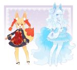  2girls :3 absurdres alolan_form alolan_ninetales animal_ear_fluff animal_ears artist_name bangs barefoot blonde_hair blue_dress blue_hair blue_jacket blue_sclera blush bow braixen breasts cerise chinese_clothes cleavage_cutout closed_mouth double_bun dress english_commentary eyebrows_visible_through_hair fangs fox_ears fox_tail frilled_dress frills full_body gen_6_pokemon gen_7_pokemon gradient gradient_background hair_bow hands_together happy highres jacket jpeg_artifacts light_blush long_hair long_sleeves looking_at_viewer multiple_girls open_mouth outline pawpads paws personification pokemon pokemon_(creature) purple_background purple_bow red_dress red_eyes see-through shiny shiny_hair short_hair signature small_breasts smile standing tail thighhighs tied_hair watermark white_eyes white_legwear white_outline zettai_ryouiki 
