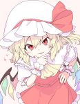  1girl ascot bangs blonde_hair blush bow crystal eyebrows_visible_through_hair eyes_visible_through_hair fang flandre_scarlet frilled_shirt frilled_shirt_collar frilled_skirt frilled_sleeves frills hand_on_own_face hat hat_ribbon highres looking_at_viewer mob_cap nail_polish oninamako puffy_short_sleeves puffy_sleeves red_bow red_eyes red_ribbon red_skirt red_vest ribbon shirt short_hair short_sleeves side_ponytail simple_background skirt skirt_set touhou vest white_shirt wings wrist_cuffs yellow_neckwear 